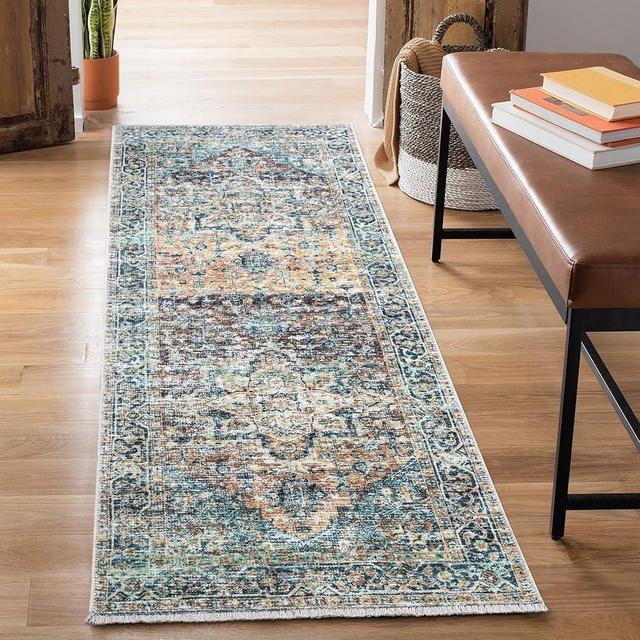 Bloom Rugs Caria Washable Non-Slip 10 ft Runner - Blue Green/Tangerine Traditional Runner for Entryway, Hallway, Bathroom, and Kitchen - Exact Size: 2'6" x 10'