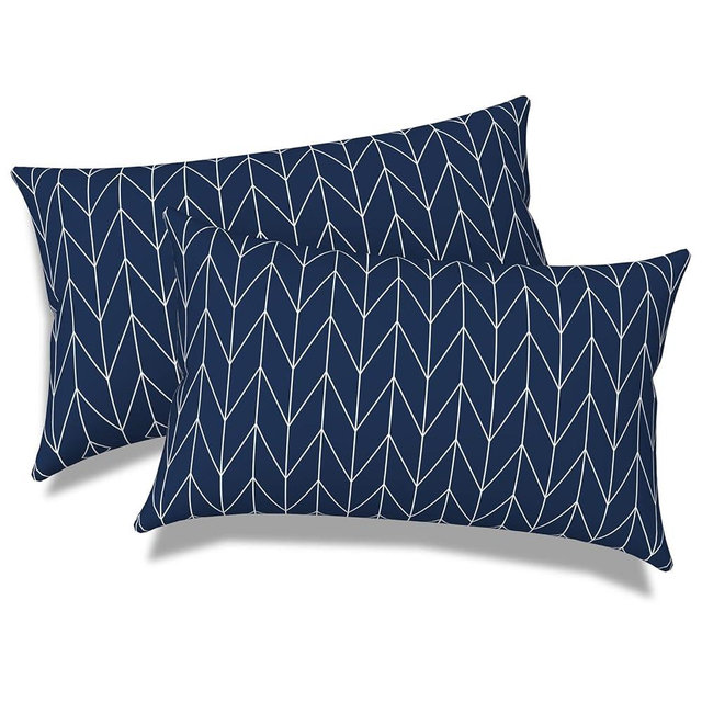 Melody Elephant Outdoor Lumbar Pillows, Water Repellent Cushion Pillows 12x20 Inch, Outdoor Pillows with Inserts for Home Garden, Pack of 2, Herringbone Navy