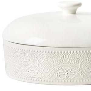 FE Ceramic Tortilla Warmer,Lace Emboss 8.8 Inch Tortilla Holder with Lid for Taco Tuesday, Mexican Night and Party,Taco Bread Pancake,Tortilleros Para Las Tortillas Caliente (Bright White)
