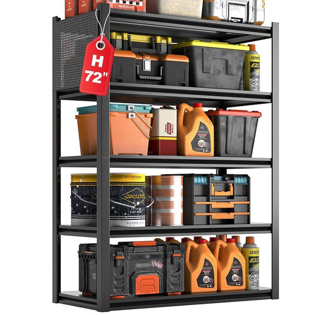 Metal Garage Shelving Unit with Pegboard, Heavy Duty 5-Tier Adjustable Industrial Storage Shelves, 5000 LBS Steel Storage Rack for Garage, Warehouse, Basement, 72"H x 47.2"W x 23.6"D, Black