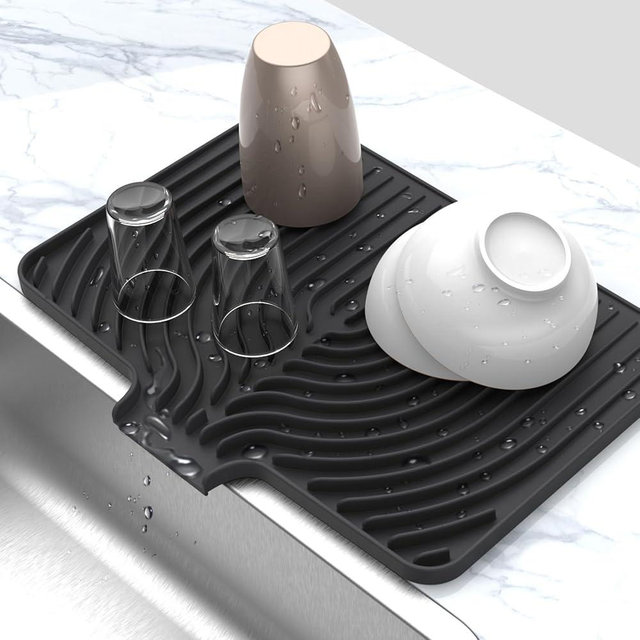 Silicone Drying Mat for Kitchen Counter , Dish Drying Rack Matt with Built in Drain, Small Dry Mats for Dishes Drying Pad for Kitchen Counter (18×12inch, black)