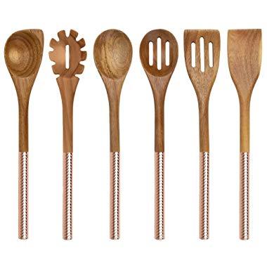 Country Kitchen 6 Piece Utensil Set - Acacia Wooden Heads with Copper Stainless Steel Handles for Serving and Cooking