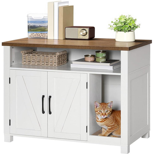 HOOBRO Cat Litter Box Enclosure, Farmhouse Hidden Litter Box with Scratch Pad, Litter Box Furniture with Storage Layer, End Side Table,White and Walnut, WH24MW01