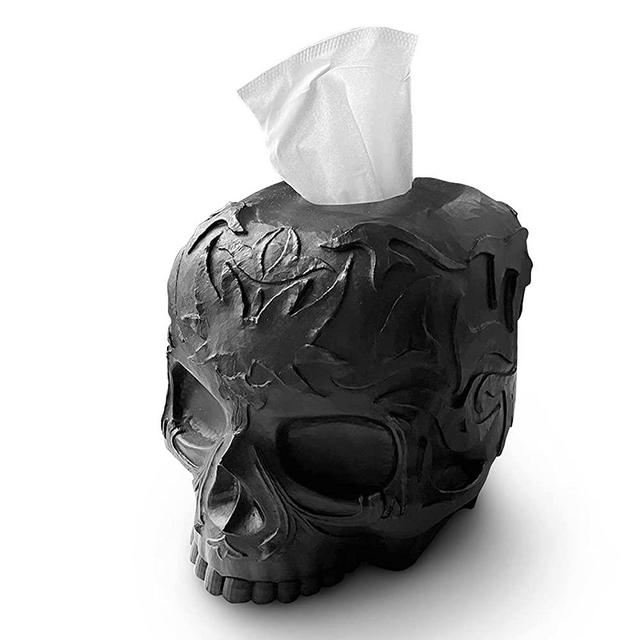 One Oak Park Modern Gothic Skull Square Tissue Box Cover Black Decor Holder Organizer for Bathroom Dresser Vanity and Countertops