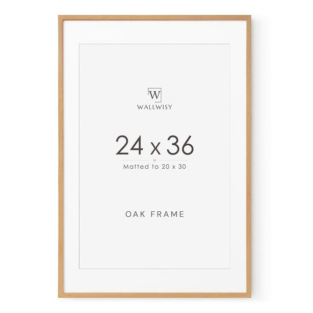 wallwisy 24x36 Poster Frame, Solid Oak 24x36 Picture Frames with Mat to 20x30, 36x24 Natural Wood Frame Horizontal or Vertical Wall Mounting, Set of 1
