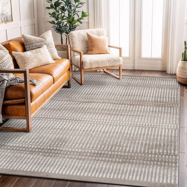 Rugshop Contemporary Stripe Lines High Traffic Living Room,Bedroom,Kitchen, Home Office High Traffic Living Room,Bedroom,Kitchen, Home Office Area Rug 5' x 7' Beige