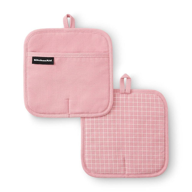 KITCHENAID Gourmet Series Gridlines Pot Holders 2-Pack Set, Heat Resistant up to 600°F, Soft Silicone Grip, Magnetic Cuff, Dried Rose, 8"x8"