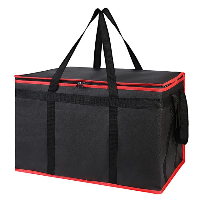 Insulated Food Delivery Bag for Hot and Cold Meal, XXX-Large, Bodaon Grocery Tote Insulation Bag for Catering, Pizza Warmer, Black with Red Edge, 1-Pack