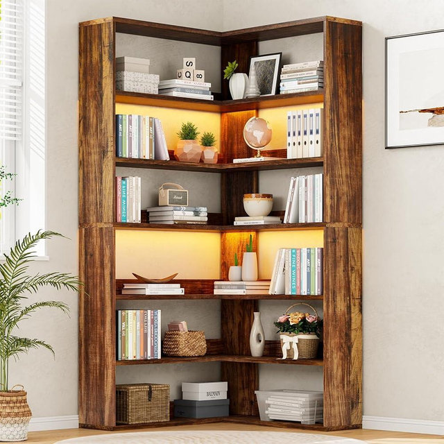 4 EVER WINNER Corner Bookshelf with Storage and LED Light, 6 Tier Industrial Large Corner Bookshelf Etagere Bookcase, 71” Wood Tall Corner Book Shelf Display Rack with Baffles for Home Office
