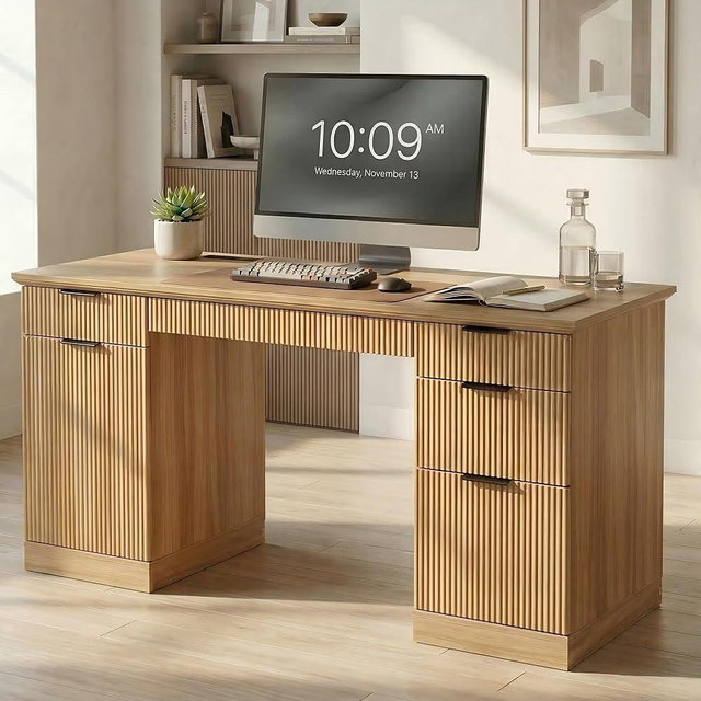 FURSUN 58" Executive Desk with Charging Station & File Drawer, Modern Fluted Home Office Desk with 5 Drawers & Keyboard Tray, Large Computer Writing Desk, Natural Oak