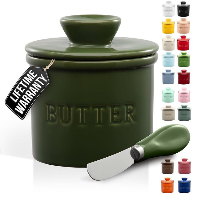 Zulay Kitchen Porcelain Butter Crock With Lid & Knife - Authentic French Butter Dish For Fresh & Spreadable Butter - Jade Green