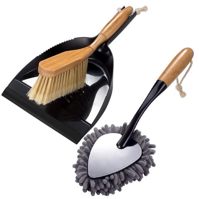 2Pcs Brush and Dust Pan Set and Handheld Duster for Floor Desk Cleaning Comfort Grip Multi Function Dust Broom Brush for Car with Bamboo Handle