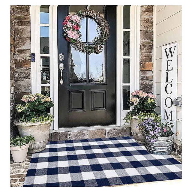 EARTHALL Buffalo Plaid Outdoor Rug Navy Blue 3'x5', Cotton Hand-Woven Checkered Door Mat, Reversible Foldable Washable Blue Outdoor Rug for Layered Door Mats Porch/Front Door (35.4''x59'')