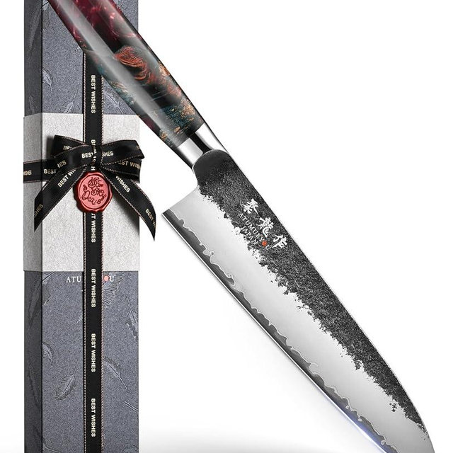 Atumuryou JPCK Japanese Chef Knife, 8 Inch Hand Forged Kitchen Knives, Professional Gyuto Knife for Home & Restaurant, Sanmai Chefs Knives with Ergonomic Red Handle, Cooking Gifts for Men Women