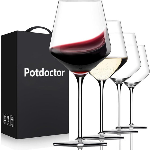 Potdoctor Hand Blown Wine Glasses Set of 4-18oz Red/White Wine Glass, Crystal, Dishwasher Safe, Clear, Long Stem, Gift for Home Use, Party, Ideal for Restaurants, Home Bar