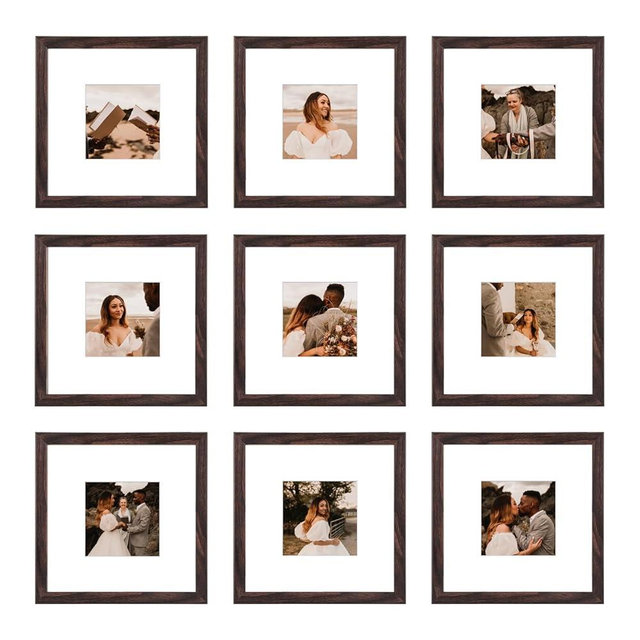 BSRHOME 8x8 Picture Frame Set of 9, Display Pictures 4x4 with Mat or 8x8 without Mat, Multi Collage Gallery Square Photo Frames for Wall or Tabletop, Brown
