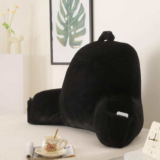 PAJEO Reading Pillow for Sitting in Bed, Large Backrest Reading Pillow with Arm Rest,Back-Rest Support Cushion for Sit Up on Couch, Sofa, and Floor, Dorm Essentials (Black Faux Fur, Large(19"))