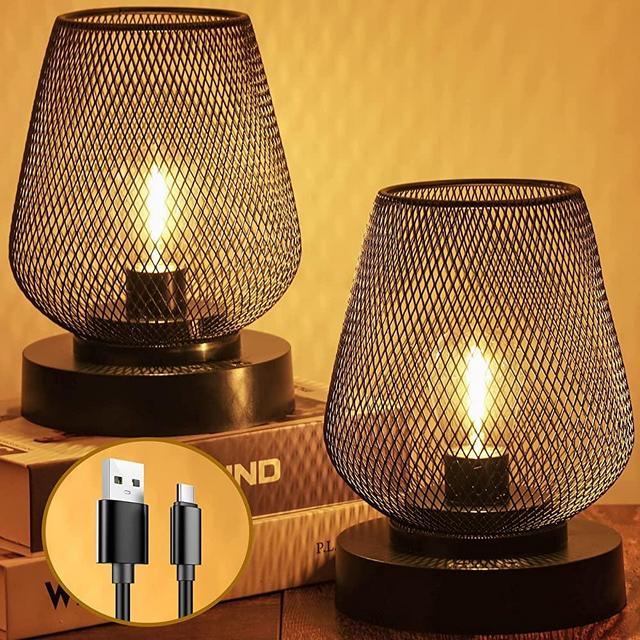 UBright 2 Pack Battery Operated Lamp Rechargeable Outdoor Table Lamp Metal Cage with 4 Lighting Mode Outdoor Lantern Cordless Lamp Indoor Outdoor Patio Bedroom Living Room (Bulb Included) Black