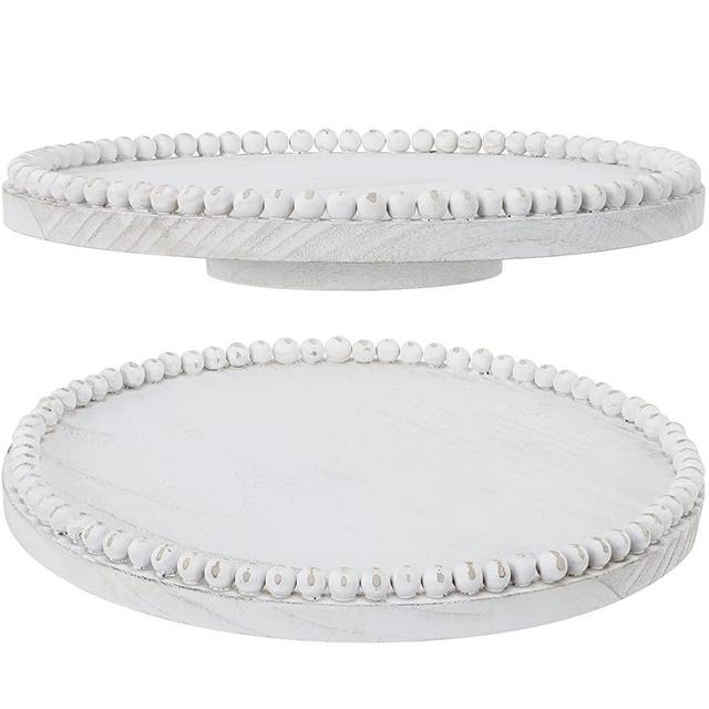 Beaded Lazy Susan Wooden Kitchen Turntable Round Spinning Lazy Susan Organizer White Wood Lazy Susan Turntable 360 Degrees Rotating Lazy Susan for Table Pantry Cabinet Tray Stand