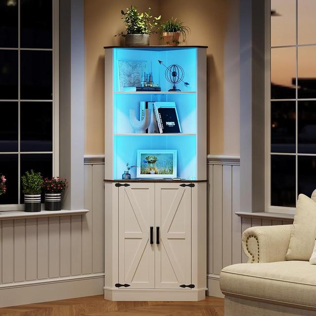 TAGELIER Farmhouse Corner Cabinet with LED Light, 67" Tall Bathroom Cabinet with 2 Doors and 3 Tier Shelves, Free Standing Corner Storage Cabinet for Living Room or Kitchen, White