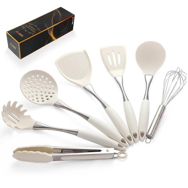 Premium White Silicone Cooking Utensils Set - Non-Toxic, Comfortable Curved Handles, Larger Size, Dishwasher Safe, High-Performance Kitchen Tools for Family Use (White)