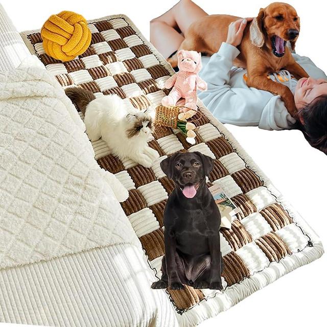 TTEDMO Funnyfuzzy Cream-Coloured Large Plaid Square Pet Mat Bed Couch Cover,Funny Fuzzy Pet Couch,Funny Fuzzy Couch Cover,Funny Fuzzy Dog Sofa Couch (Brown,27.6x70.9 in)
