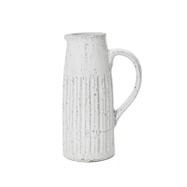 LuxenHome Vintage White Ribbed Terracotta Pitcher Vase with Handle