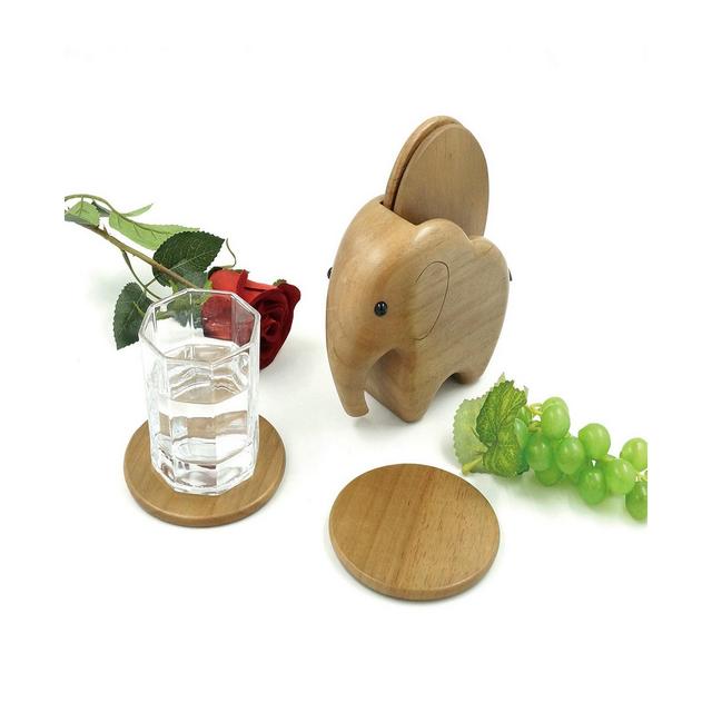 Rubber Wood Elephant Wooden Coaster Holder Set, 5 Piece