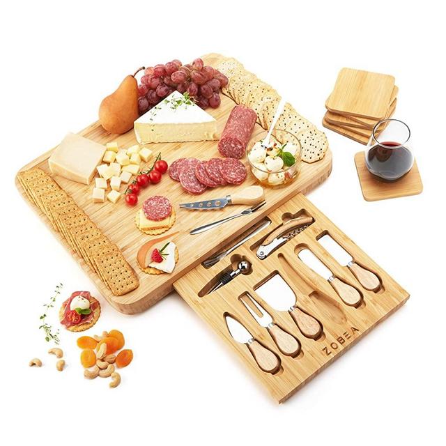 Extra Large Cheese Board Set With 6 Coasters For Drink and Knife Set, 17.25 x 13.25 x 2 Inches Large Charcuterie Boards Set, Housewarming Gifts For Women, Organic Bamboo Serving Board