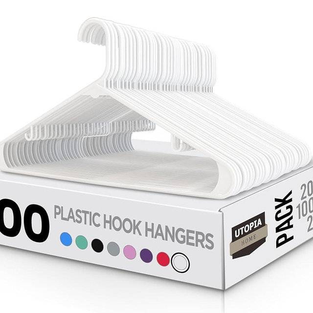 Utopia Home Plastic Hangers 100 Pack - Clothes Hanger with Hooks - Durable & Space Saving (White)