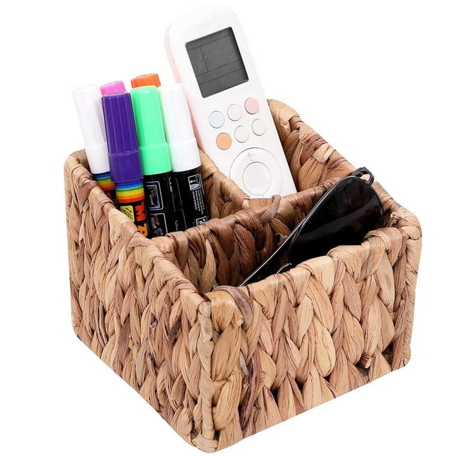 LYDWOO8D Remote Control Holder Wicker Desk Organizer Divided Storage Basket,Hand Woven Cosmetic Storage Box with 3 Compartments,Water Hyacinth Remote Control Basket for Desktop Organizing