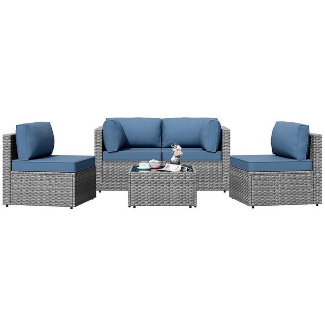 Patio Furniture Sets, 5 Piece Outdoor Sectional Sofas, Wicker Rattan Outdoor Furniture Patio Conversation Set, All-Weather PE Rattan Outdoor Couch for Backyard, Garden, Gray & Aegean Blue
