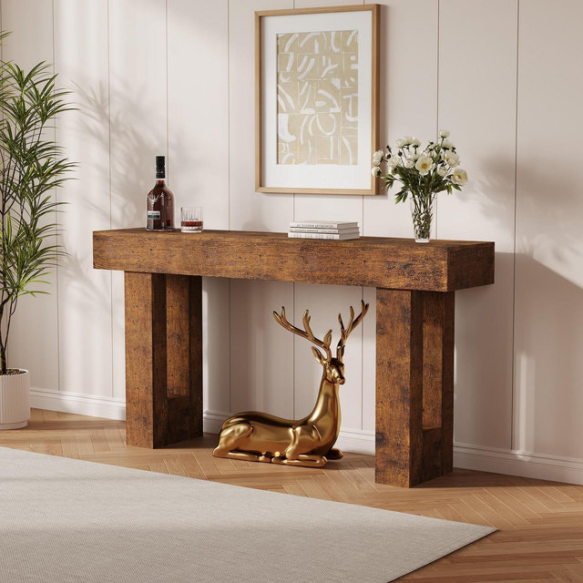 Rustic Console Table, 63“ Farmhouse Entryway Table with Open Shelf,Brown