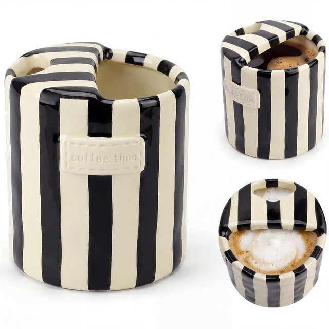 Nisuez 10oz Ceramic Coffee Mug with Sip Hole, Striped Espresso Cups for Hot & Cold Drinks and Microwave & Dishwasher & Freezer Safe, Ideal for Home Desk Kitchen Office Dorm Cafe Travel Daily - Black
