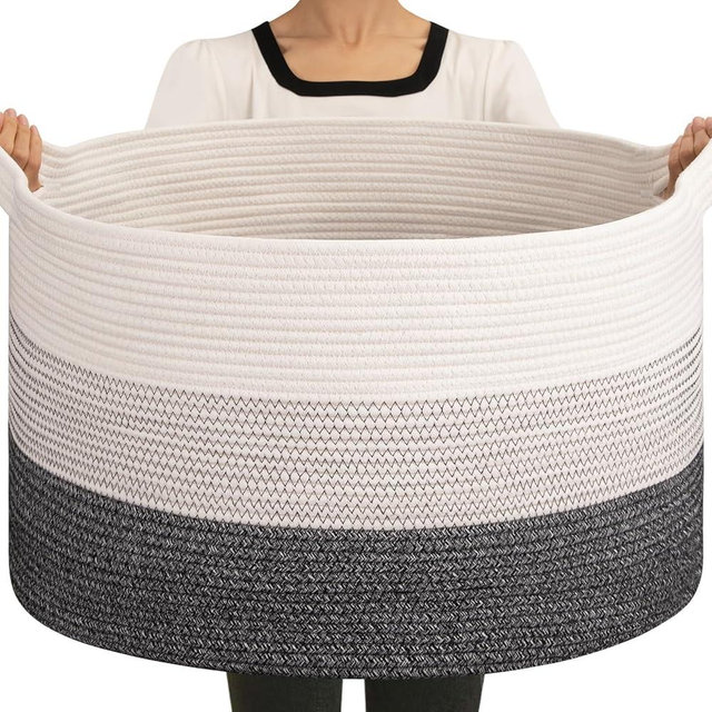 OIAHOMY 90L Blanket Basket for Living Room, Large Basket 23" x 23" x 13" with Handle, Laundry Hamper for Blankets, Pillows, Toy Storage for Kids, Dogs - Black and White