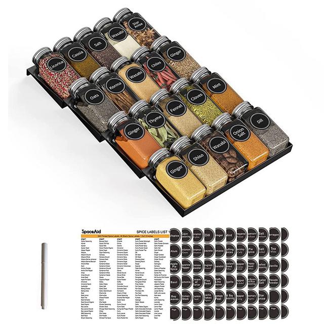 SpaceAid Spice Drawer Organizer with 20 Spice Jars, 386 Spice Labels and Chalk Marker, 4 Tier Seasoning Rack Tray Insert for Kitchen Drawers, 9-1/2" Wide x 17-1/2" Deep
