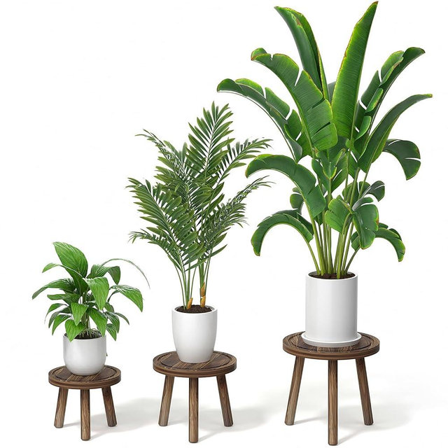 Vecxoty 3-Pack Wood Plant Stands Indoor, Single Plant Stand for 6-12 Inch Pots, Mid-Century Modern Plant Stool, Tall Plant Stand for Large Plants for Living Room, Balcony, Office (Dark Brown)