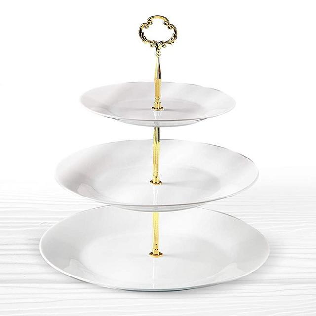 Klikel 3 Tiered Serving Stand - Gold Metal Rod With White Serving Trays - Round Platter Stand And Buffet Server - Kitchen Décor And Storage Solution
