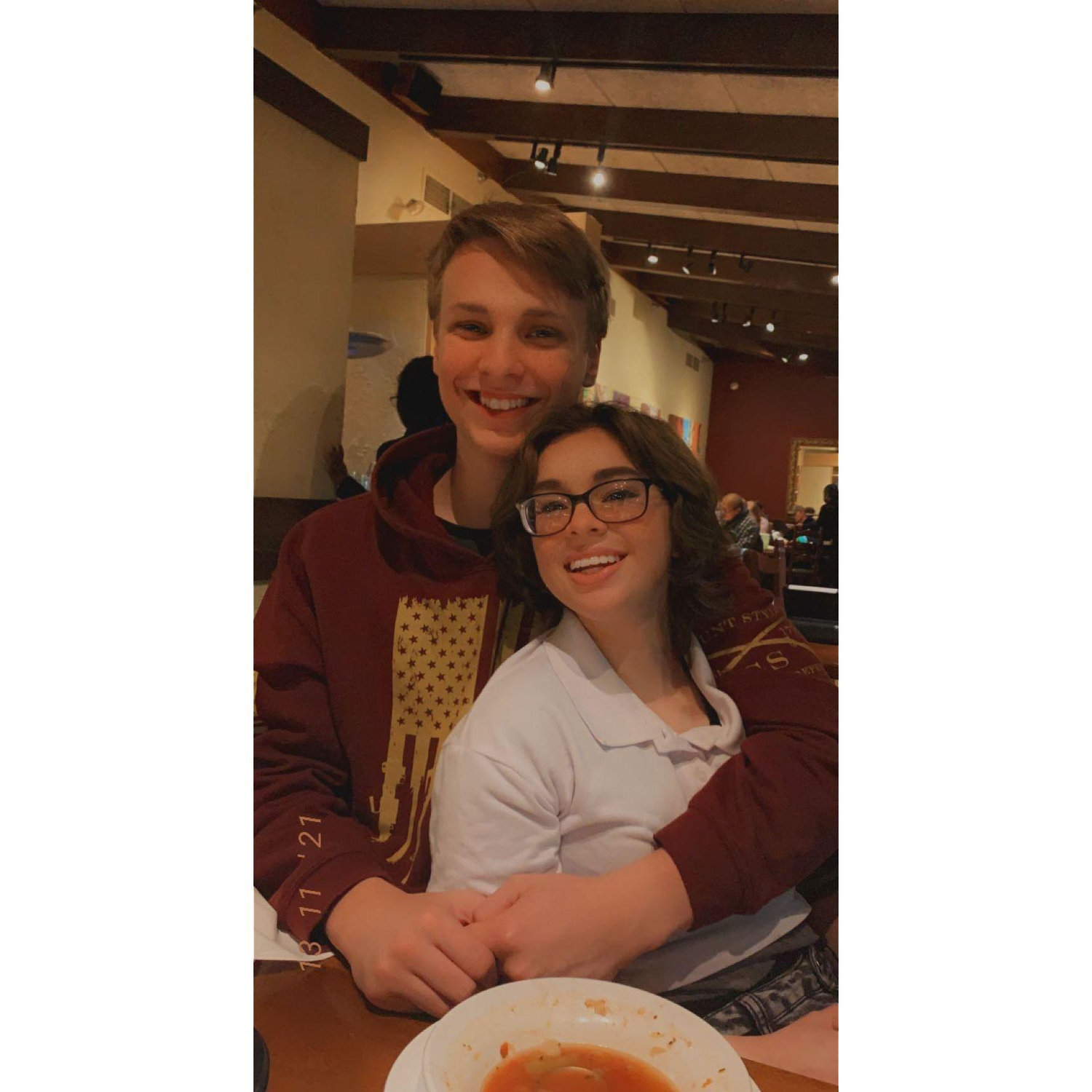 Our first "cute" picture together, as well as our first date at Olive Garden. November 13, 2021