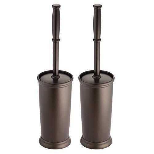 mDesign Compact Freestanding Plastic Toilet Bowl Brush and Holder for Bathroom Storage and Organization - Space Saving, Sturdy, Deep Cleaning, Covered Brush, 2 Pack - Bronze