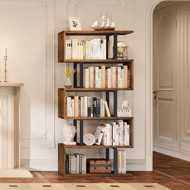 YITAHOME Tall Bookshelf Industrial Book Shelf 6 Tier Bookcase, Open Display Storage Rack Shelves for Living Room/Bedroom/Home/Office/Kitchen, Retro Brown