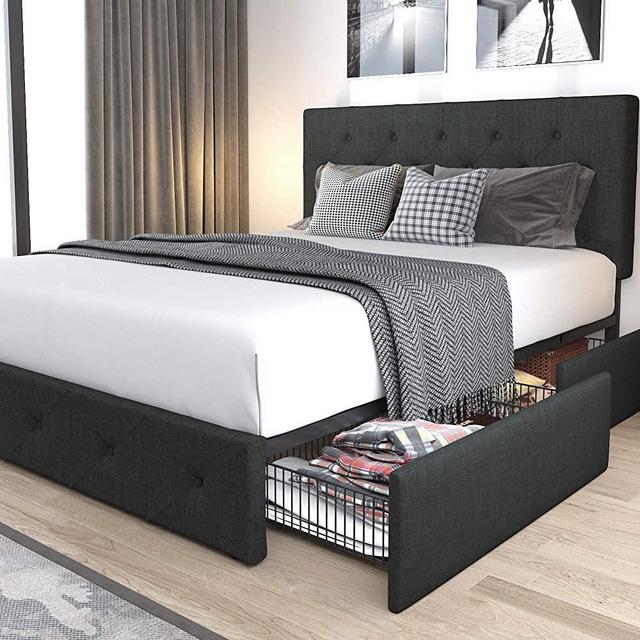 Allewie Queen Bed Frame with 4 Storage Drawers, Diamond Stitched Button Tufted Upholstered Headboard Design, Mattress Foundation with Storage, Wooden Slats Support, No Box Spring Needed, Grey