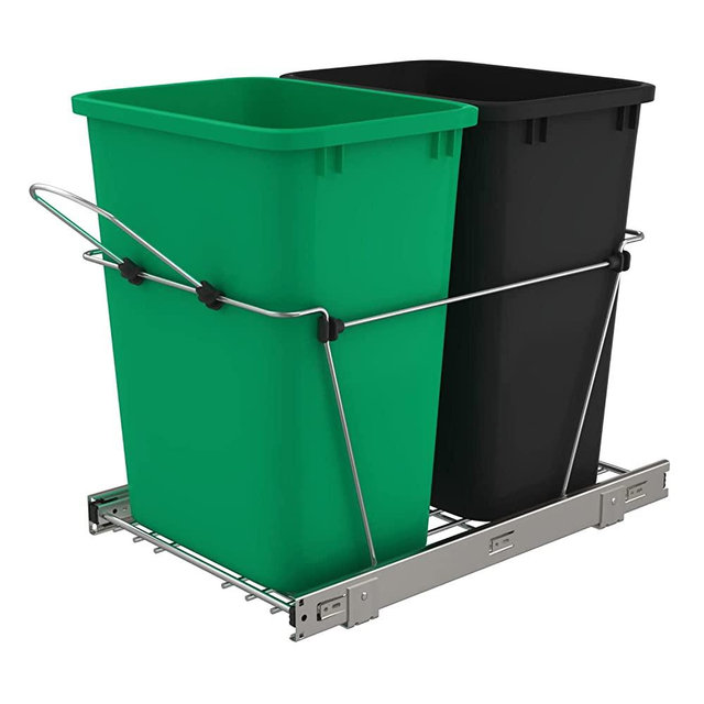 Rev-A-Shelf RV-18KD-1918C-S Double 35 Quart Sliding Pull-Out Waste Containers Garbage Trash Recycling Bins for Kitchen Cabinets, Green/Black