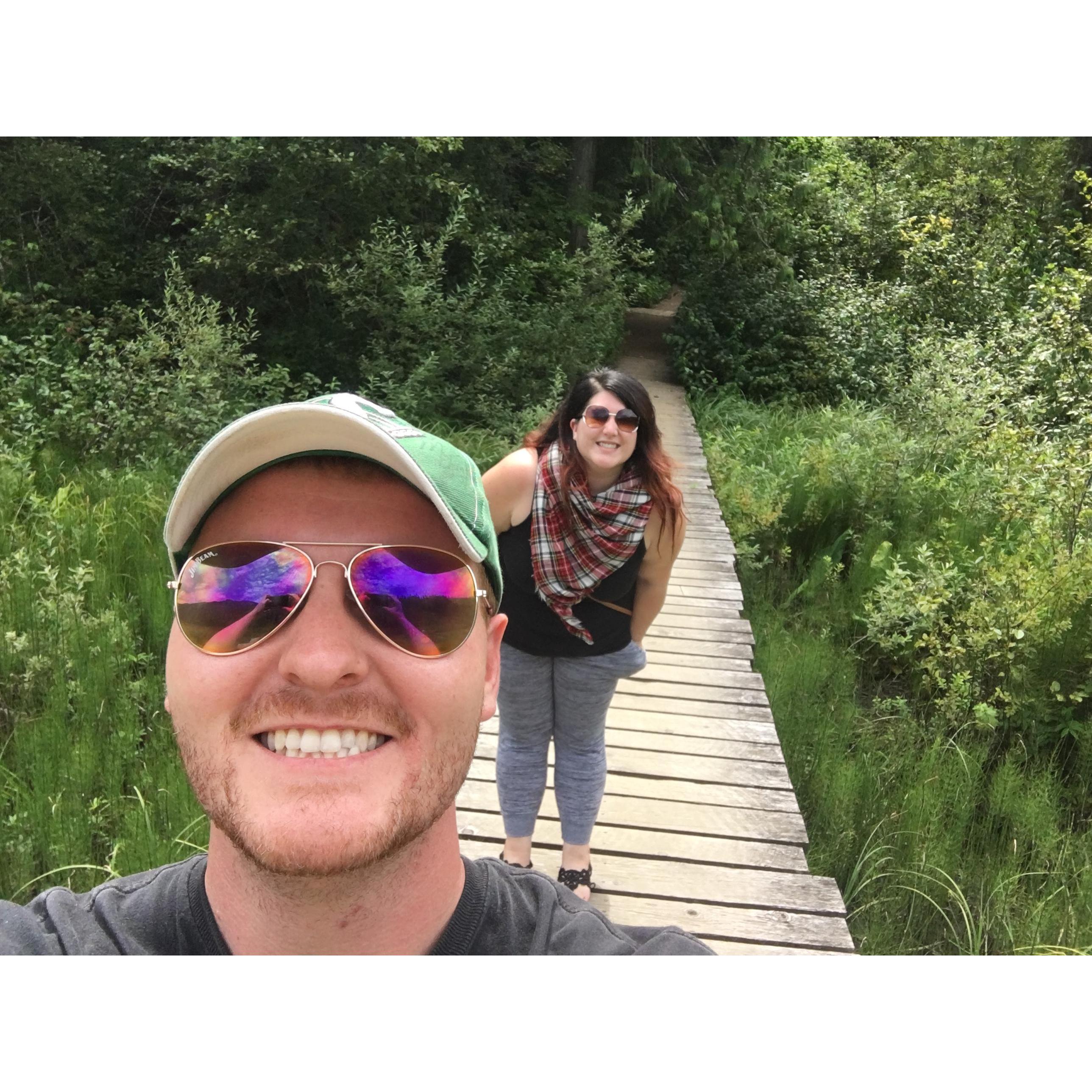 Went on a walk at a salmon farm. Found zero salmon. Took a lot of selfies. Janel stole a pinecone.
