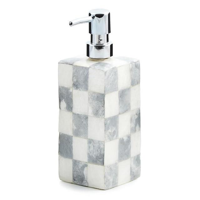 MACKENZIE-CHILDS Capiz Soap Pump, Liquid-Soap Dispenser for Bathroom or Kitchen, Gray-and-White Sterling Check