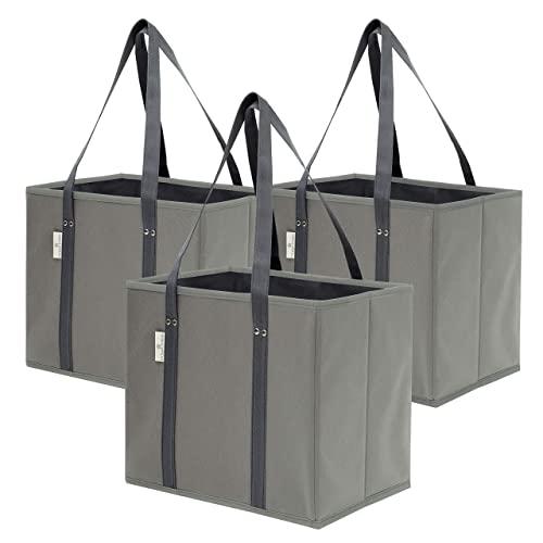 Premium 3 Pack Reusable Grocery Shopping Box Bags | Large, Sturdy, Durable Tote Bag Set for Groceries, Trunk Organizer and Home Storage | Foldable with Stylish Design and Colors (Grey)