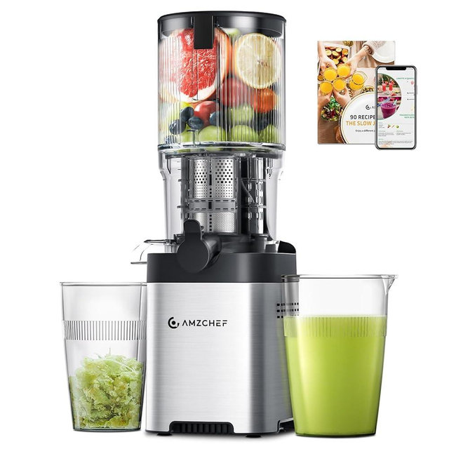 AMZCHEF Cold Press Juicer, Juicers Machines - 5.4" Large Feed Chute for Whole Fruits & Vegetables, Stainless Steel Slow Masticating Juice Easy to Clean, Large Auger, Triple Strainers, Silver