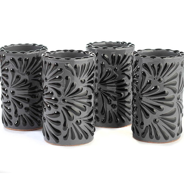MEXTEQUIL - Talavera Shot Glasses Set of 4 Authentic Mexican Tequila Shot Glasses - Hand-painted - 2 Oz (Black Brushstroke Gray Background)
