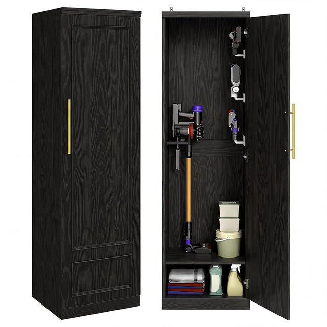Homiflex Broom Closet Storage Cabinet, 65" H Slim Utility Closet with Door and Shelf, Tall Vacuum Storage Cabinet with Hooks for Cleaning Tool, Broom Closet Organizer for Bathroom, Garage, Black