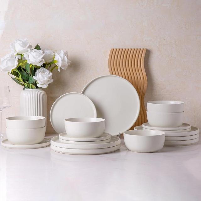 AmorArc Stoneware Dinnerware Sets of 6,Reactive Ceramic Plates and Bowls Set,Highly Chip and Crack Resistant | Dishwasher & Microwave Safe | Round Dishes Set Service for 6 (18pc)-Matte White